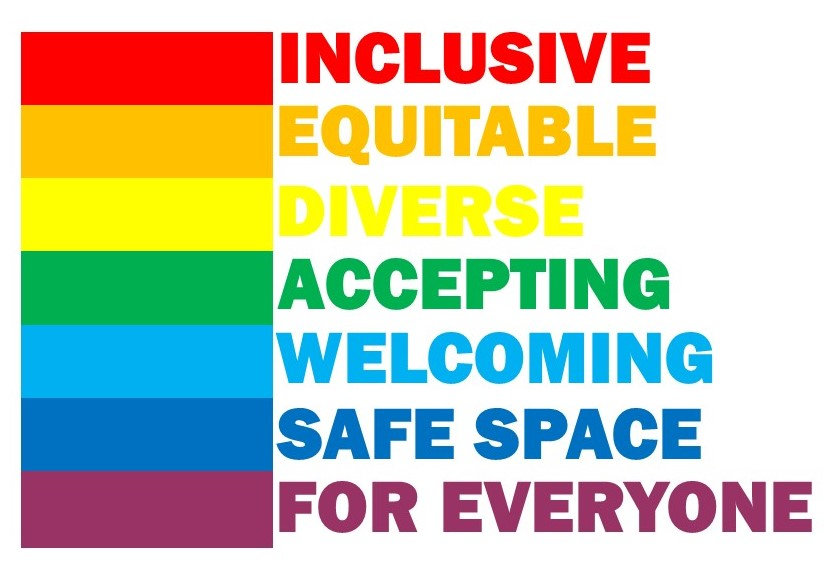 Safe spaces graphic with verbiage: inclusive, equitable, diverse, accepting, welcoming, safe space for everyone.